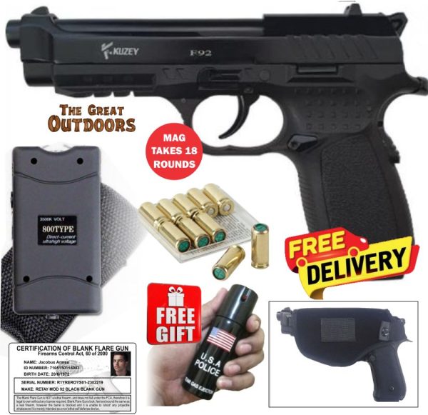 Kuzey F92 Self Defense Blank Gun with 10 Blank Rounds, Holster and 3,8 Mil Volts Stun Gun