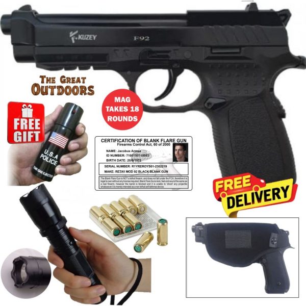 Kuzey F92 Self Defense Blank Gun with 10 Blank Rounds, Holster and Taser/Torch