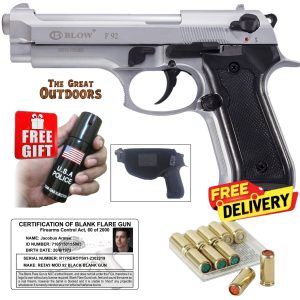 Blow F92 Matt Silver Beretta Blank Gun with 10 Blanks, 3 Peppers and Holster