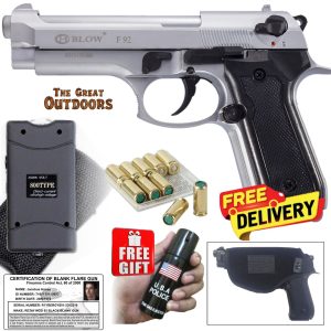 Blow F92 Matt Silver Beretta Blank Gun with 10 Blanks, Holster and 3,8 Mil Volts Stun Gun