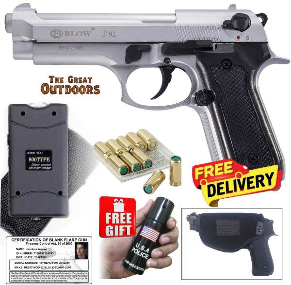 Blow F92 Matt Silver Beretta Blank Gun with 10 Blanks, Holster and 3,8 Mil Volts Stun Gun