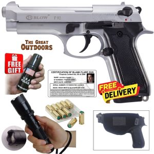 Blow F92 Matt Silver Beretta Blank Gun  with 10 Blank Rounds, Holster and Taser/Torch
