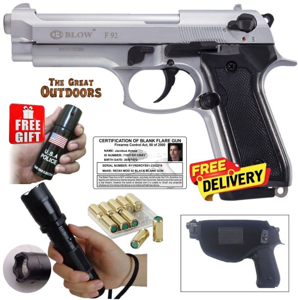 Blow F92 Matt Silver Beretta Blank Gun  with 10 Blank Rounds, Holster and Taser/Torch
