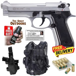 Blow F92 Matt Silver Beretta Blank Gun with 10 Blanks, Leg Holster and Tactical Vest