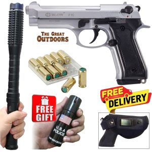 Blow F92 Matt Silver Beretta Blank Gun with 10 Blanks, Holster and Studded Baton Shocker Flashlight