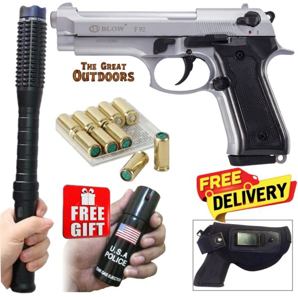 Blow F92 Matt Silver Beretta Blank Gun with 10 Blanks, Holster and Studded Baton Shocker Flashlight