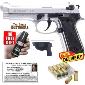 Blow F92 Matt Silver Beretta Blank Gun with 10 Blanks, 3 Peppers and Holster