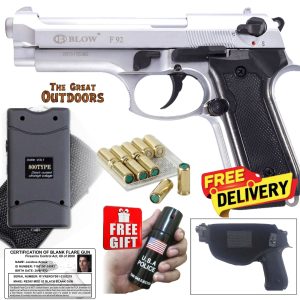 Blow F92 Shiny Silver Beretta Blank Gun with 10 Blanks, Holster and 3,8 Mil Volts Stun Gun