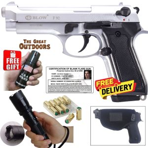 Blow F92 Shiny Silver Beretta Blank Gun  with 10 Blank Rounds, Holster and Taser/Torch