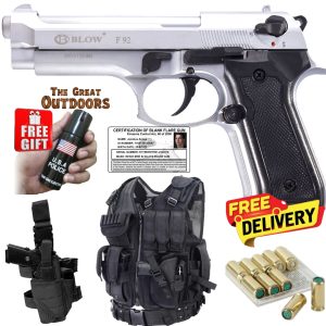 Blow F92 Shiny Silver Beretta Blank Gun with 10 Blanks, Leg Holster and Tactical Vest