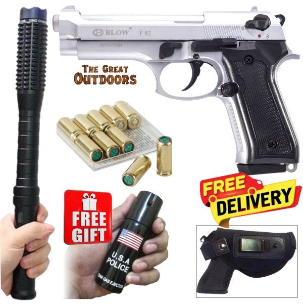 Blow F92 Shiny Silver Beretta Blank Gun with 10 Blanks, Holster and Studded Baton Shocker Flashlight