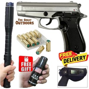 Blow P29 Matt Silver Mini Beretta Blank Gun with 10 Blanks, Holster and Studded Baton Shocker Flashlight