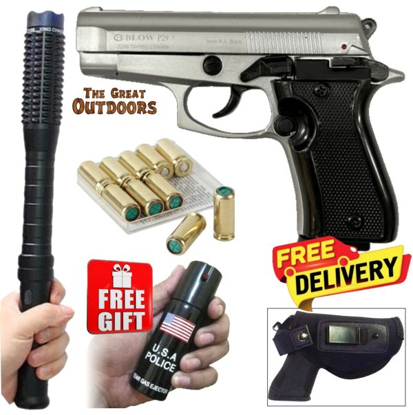 Blow P29 Matt Silver Mini Beretta Blank Gun with 10 Blanks, Holster and Studded Baton Shocker Flashlight