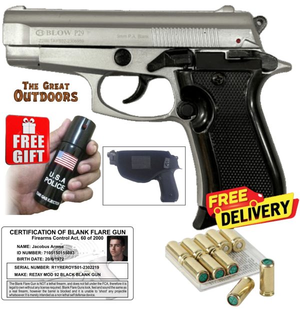 Blow P29 Matt Silver Mini Beretta Blank Gun with 50 Blanks and Holster