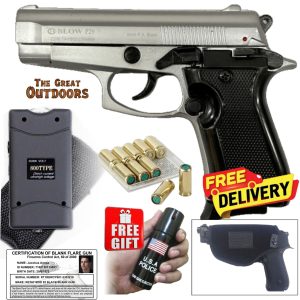Blow P29 Matt Silver Mini Beretta Blank Gun with 10 Blanks, Holster and 3,8 Mil Volts Stun Gun