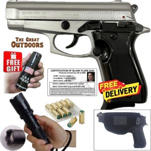 Blow P29 Matt Silver Mini Beretta Blank Gun with 10 Blank Rounds, Holster and Taser/Torch