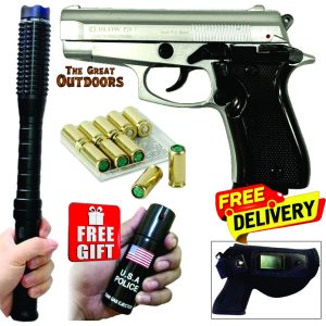 Blow P29 Shiny Silver Mini Beretta Blank Gun with 10 Blanks, Holster and Studded Baton Shocker Flashlight