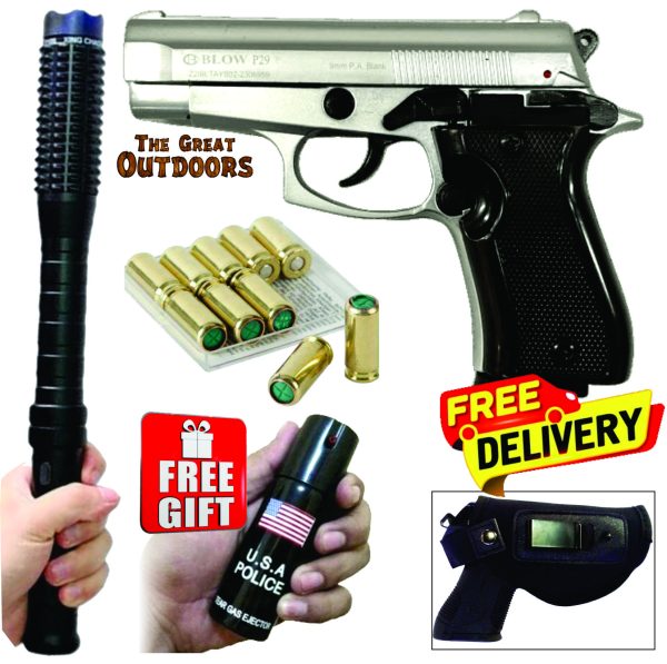Blow P29 Shiny Silver Mini Beretta Blank Gun with 10 Blanks, Holster and Studded Baton Shocker Flashlight