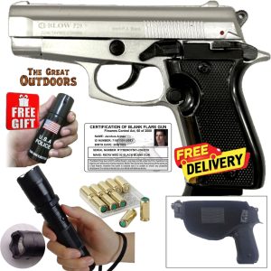 Blow P29 Shiny Silver Mini Beretta Blank Gun with 10 Blank Rounds, Holster and Taser/Torch