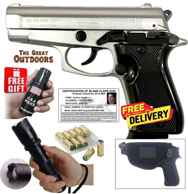 Blow P29 Shiny Silver Mini Beretta Blank Gun with 10 Blank Rounds, Holster and Taser/Torch