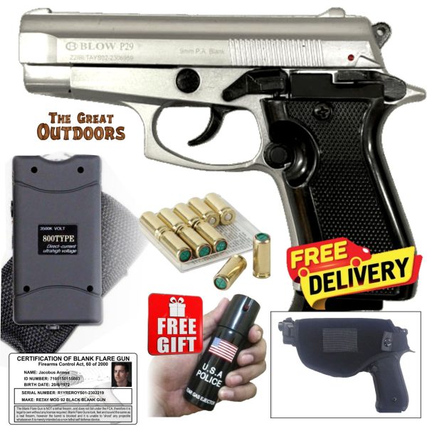 Blow P29 Shiny Silver Mini Beretta Blank Gun with 10 Blanks, Holster and 3,8 Mil Volts Stun Gun