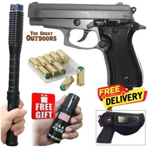 Blow P29 Fume Mini Beretta Blank Gun with 10 Blanks, Holster and Studded Baton Shocker Flashlight